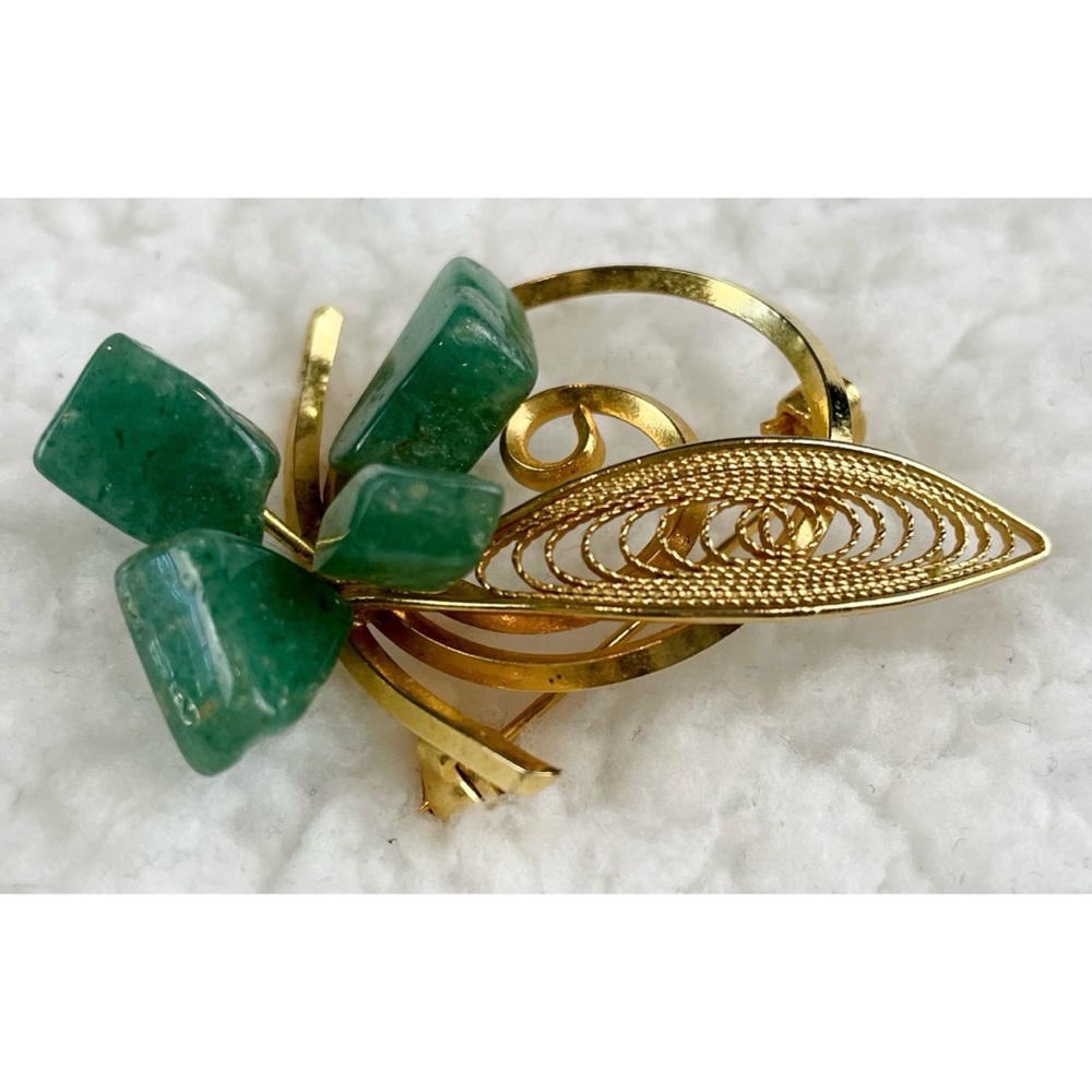 (VTG) Gold/Jade Clover and Leaf Brooch - Picture 6 of 10